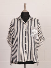 Italian Stripe Print Button Through Linen Top  - Beige